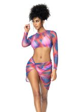 Load image into Gallery viewer, Elevate your beachwear with this printed mesh 2-piece set. Includes long sleeved crop top and matching knotted slit skirt.