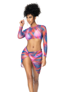 Elevate your beachwear with this printed mesh 2-piece set. Includes long sleeved crop top and matching knotted slit skirt.