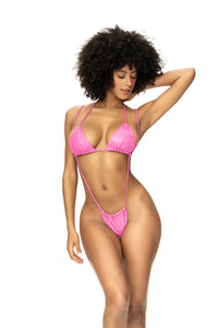 Turn up the heat in this sexy sling shot bikini swimsuit in a gloss pink finish. Includes triangle top and adjustable sling shot thong.&nbsp;