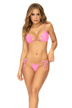 Load image into Gallery viewer, Tie side pink bikini with a playful twist. Top with adjustable back and silver ring detail and matching thong