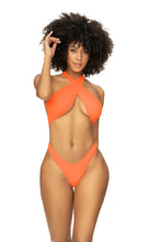 Load image into Gallery viewer, Capture all attention in this vivid ribbed orange monokini. Featuring a halter neckline and a Brazilian thong for maximum coverage.