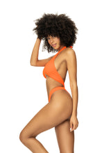 Load image into Gallery viewer, Capture all attention in this vivid ribbed orange monokini. Featuring a halter neckline and a Brazilian thong for maximum coverage.
