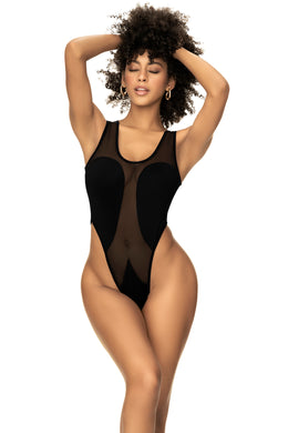 Showcase your figure in this daring yet comfortable one piece swimsuit with black and sheer mesh contrasts. Features : Mesh cut outs and High cut bottom.