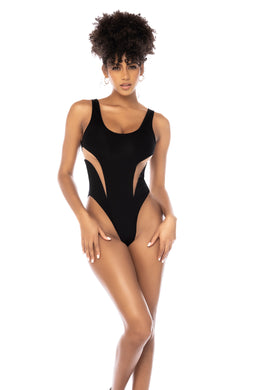 This one piece black swimsuit features high cut bottom -medium coverage. 
