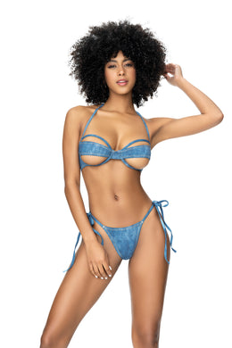 Turn heads in this sexy tie side swimsuit set in a denim print. Underwire top with under boob cut-out design and side tie thong bottom.