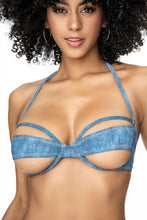Load image into Gallery viewer, Turn heads in this sexy tie side swimsuit set in a denim print. Underwire top with under boob cut-out design and side tie thong bottom.