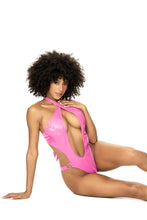 Load image into Gallery viewer, Summer days just got hotter with this gloss pink monokini. With a halter cross neck design and silver ring details