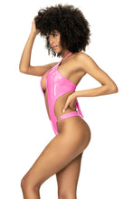Load image into Gallery viewer, Summer days just got hotter with this gloss pink monokini. With a halter cross neck design and silver ring details