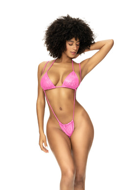 Turn up the heat in this sexy sling shot bikini swimsuit in a gloss pink finish. Includes triangle top and adjustable sling shot thong. 