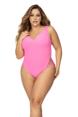 Turn heads in this pink one piece swimsuit with lace up detail and medium overage bottom.